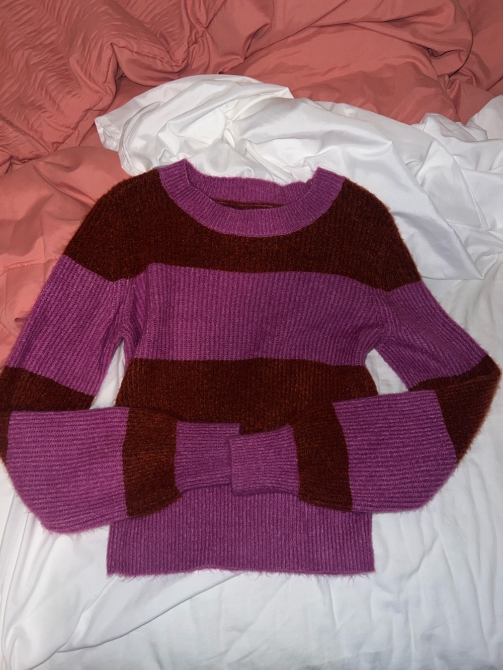 American Eagle Striped Rib-Knit Sweater in Magenta and Brown